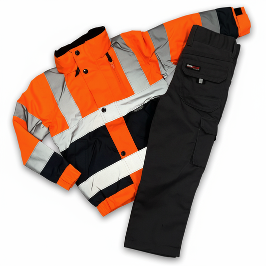 Kids Hi-Vis Jacket (Orange) & Work Trouser (Grey) - Bundle