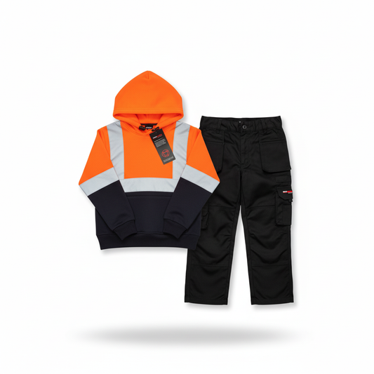Kids Workwear bundle - Hi viz orange hoody + Black Trouser