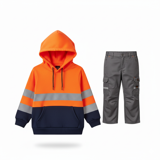 Kids Workwear bundle - Hi viz orange hoody + Grey Trouser