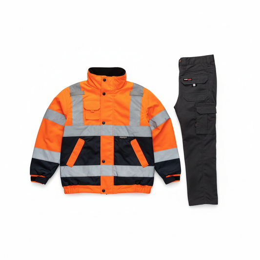 Kids Hi-Vis Jacket (Orange) & Work Trouser (Black) - Bundle