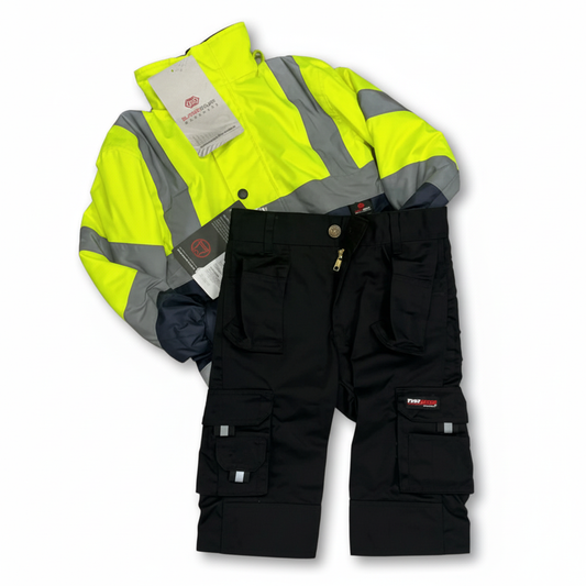 Kids Hi-Vis Jacket (Yellow) & Work Trouser (Black) - Bundle