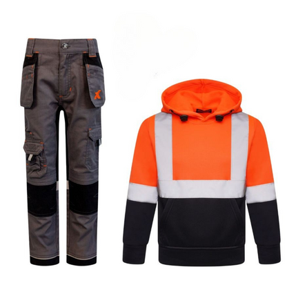 Xpert - Kids/Junior hoody (Orange Hi-Vis/Grey Trouser) bundle - Free Hat