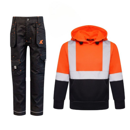 Xpert - Kids/Junior hoody (Orange Hi-Vis/Black Trouser) bundle - Free Hat