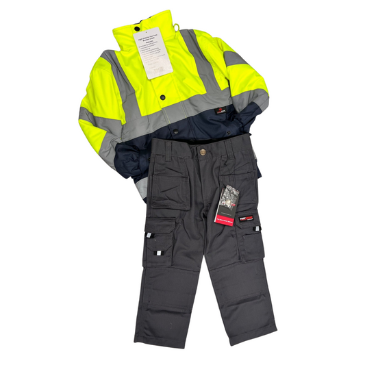 Kids Hi-Vis Jacket (Yellow) & Work Trouser (Grey) - Bundle