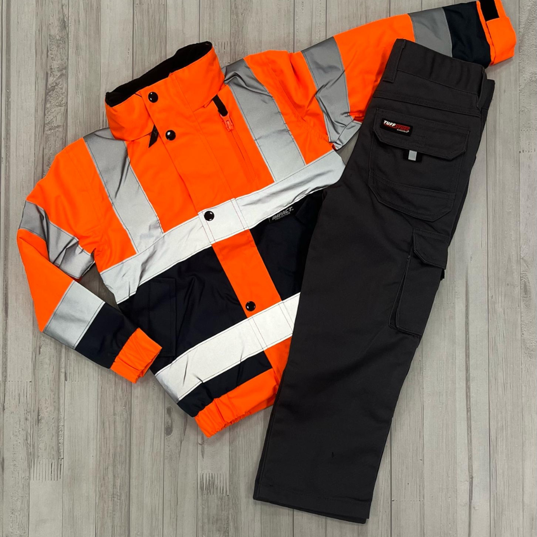 Kids Hi-Vis Jacket (Orange) & Work Trouser (Grey) - Bundle